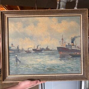 Antique Maritime Original Oil Painting Steam Boat Era with Wood Frame 1800’s